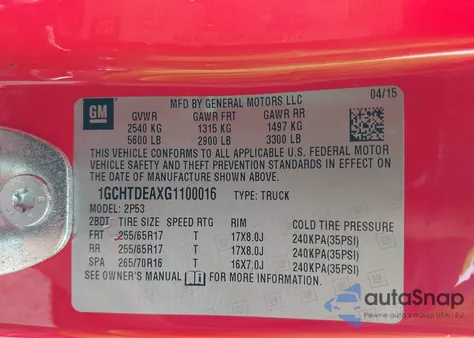 2016 Chevrolet Colorado Z71 из США, поврежденный, VIN 1GCHTDEAXG1100016